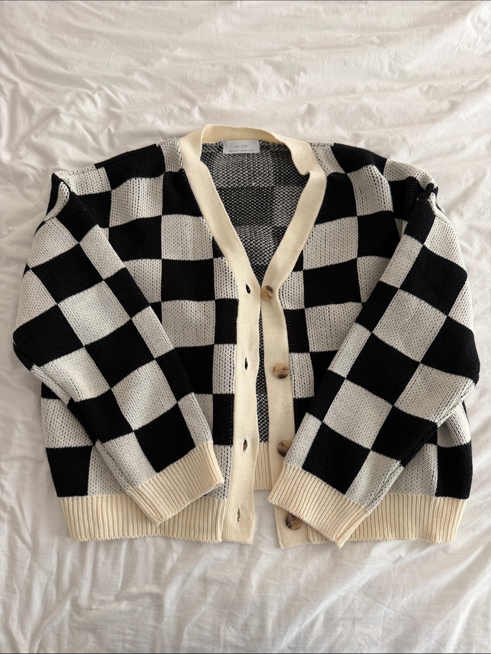 OAK + FORT Checkerboard Knit Cardigan Sweater - Black & Cream NEVER WORN